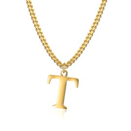 14K Gold Plated Initial Necklaces for Men Women - Gold Stainless Steel Letter Necklaces - Alphabet T Pendant Wide Cuban Chain Necklaces Jewellery Gifts