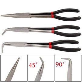 3Pcs 11 inch Extra Long Nose Pliers Set, Straight Needle Nose Pliers, 45 Degree 90 Degree Bent Nose Pliers Bent Tip Hand Tool Set