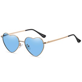 WDZAYXC Polarised Heart Shaped Sunglasses for Women Vintage Metal Frame Cute Glasses for Party and Festival, Gold/Blue