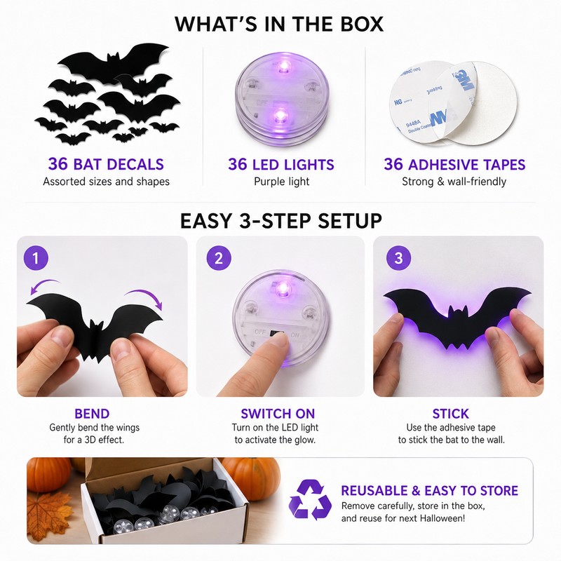 36-Piece LED 3D Halloween Bat Wall Decorations – Light-Up Flying
