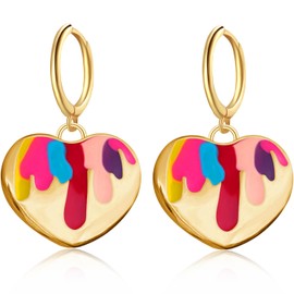 unixmoment Cute Dainty Rainbow Enamel 14k Gold Love Heart Dangle Drop Hoop Huggie Earrings For Women (Gold)