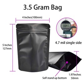 100 Pack Mylar Bag 3.5 Gram,4.7 Mil Thickness Smell Proof Bag,Stand-up Packaging Pouch,Resealable Ziplock Foil Food Storage Baggies Safe Material,4x5 Inches,Matte Black