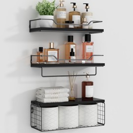 TACHWD Floating Shelves Wall Mounted,Wood Bathroom Shelf Over Toilet with Paper Storage Basket, Wall Decor Farmhouse Floating Shelf for Bedroom, Living Room, Kitchen,Office (Black)