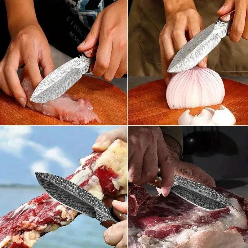 Feather Damascus Blade with Leather Sheath Vegetable Cutter Stainless Steel