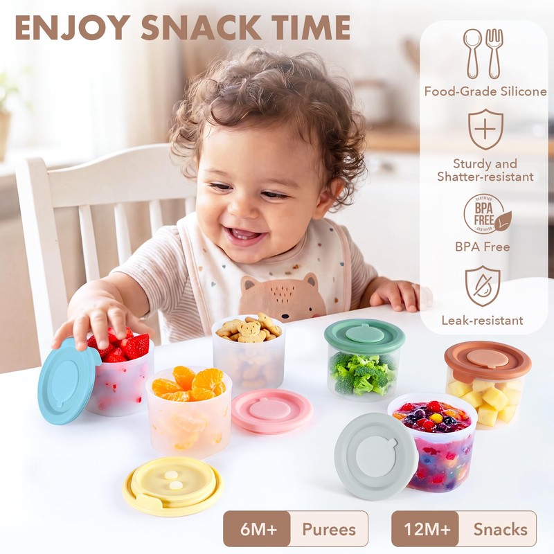 Silicone Baby Food Containers,6 Pack Spill-Proof Snack Containers with Lids