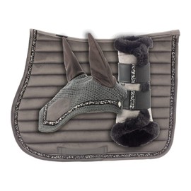 Equinavia Arendal Matching English Riding Horse Set | All Purpose Saddle Pad, Brushing Boots, and Ear Bonnet - Grey/Silver - Horse