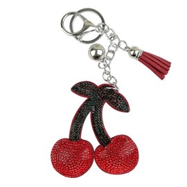 Cherry Bling Keychain Charm Cute Car Keys Keyring Women Shining Rhinestone for Purse Handbag Accessory Decoration -Red