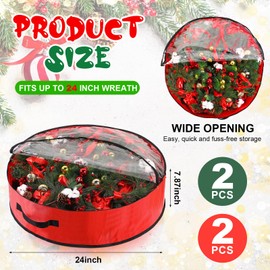 Aliceset 4 Pack Christmas Wreath Storage Container, Decoration Storage Bag with Clear Window and Handle Upgrade Oxford Cloth Garland Box for Xmas Holiday Wrapping(24 x 24 x 7.8 Inch,Red, Green)