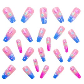 4th of July Press on Nails Medium Coffin Fake Nails with Color Stars Desgins Glossy Glue on Nails Independence Day Acrylic Nails Press ons Cute False Nails Full Cover Stick on Nails for Women 24 Pcs