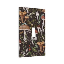 Black Retro Vintage 70s 60s Boho Hippie Mushroom Fungus 1 Gang Single Toggle Outlet Light Switch Wall Plate Outlet Cover Botanical Floral Plant Electrical Faceplate Decorative Switchplate