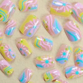 24 Pcs Square Press on Nails Short Pink Sunflower Fake Nails Flower Acrylic False Nails Colorful Striped Glue on Nails Full Cover Artificial Nails Spring and Sunmer Stick on Nails for Women Decoration