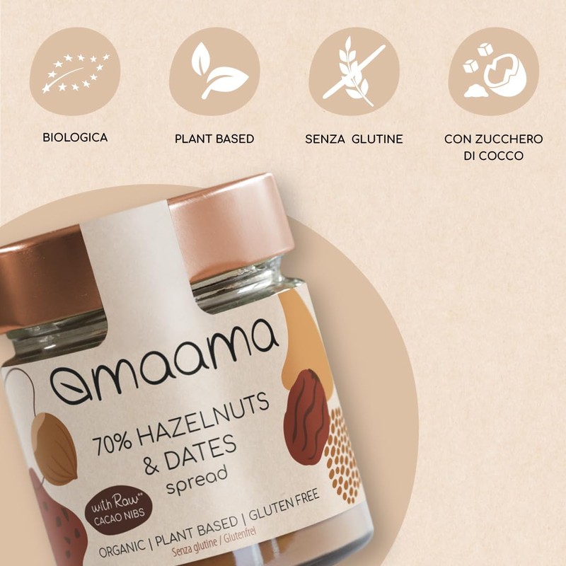 MAAMA, Crema Spalmabile alla Nocciola (70%), Datteri e Nibs di