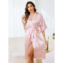 Lovasy Women's Satin Japanese Kimono Jacket with Belt Sexy Dressing Gown Lightweight Pyjamas for Wedding Bridal Party, A-Pink