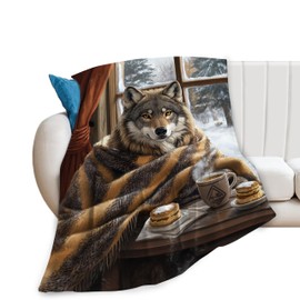 Wolf Blanket Funny Wolf Drink Coffee Throw Blankets for Girls Boys Super Soft Warm Fleece Snow Scene Flannel Throws Cozy Fuzzy Plush Stuffed Animal Bedding Gifts for Men Women Bedroom Decor 50"x40"