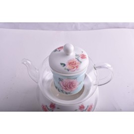 Rose Floral Design Glass Teapot With Infuser and Tea Warmer