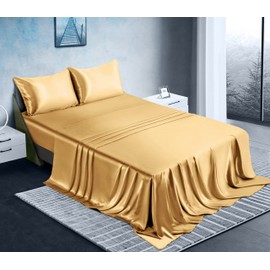 Manyshofu Satin Full Sheets Set 4 Piece - Soft Silky Satin Sheets Set, Camel Gold Satin Bed Sheets Cooling & Luxury Bedding Sheet Set(1 Satin Fitted Sheet, 1 Satin Flat Sheet, 2 Satin Pillow Cases)