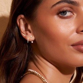 3 Pairs of Earrings Silver Gold Set for Women, 14 Carat Gold-Plated Small Stud Earrings, Waterproof, Hypoallergenic with Cubic Zirconia, Multiple Piercings, Jewellery Gift for Women, Brass