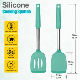 2 Pack Spatulas, Solid & Slotted Silicone Spatula Set, Stainless Steel Handle Coated with Silicone, Non Stick Turners, Heat Resistant Rubber Spatulas for Fish, Eggs, Pancakes, WOK, Teal
