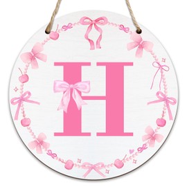 Monogram Round Sign For Front Door, Cherry Bow Theme Sign For Porch Art Wall Door, Initial Signs Hanging Ornament For Indoor Outdoor, Decorations Gifts For Four Seasons Rustic Home Kitchen, H, A08