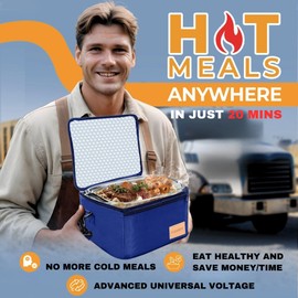 FORABEST Electric Lunch Box & Portable Oven Food Warmer 80W for Adults, Use for Heating and Cooking Meals in Office, Home & Work with Utensils & Insulated Bag, 12V/24V Car/Truck & 110/120V Home/Office