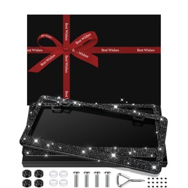 2 Pack Bling License Plate Frame for Women, Stainless Steel Cute Car Accessories, Lasting Sparkly License Plate Holder with Diamond Rhinestone Crystals, Red & Black, 12.2" x 6.2"