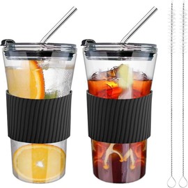 2 count Iced Coffee Cups with Lids, 16 oz Glass Cups with Lids and Straws,  Tumbler with  Sleeve, Wide Mouth Can Shaped Drinking Glasses for Coffee Juice Water Smoothie (Blue) - Color: Black