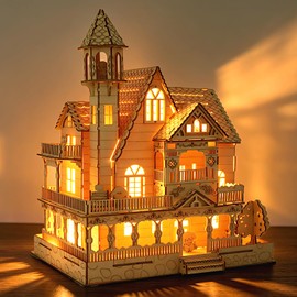 3D Wooden Puzzle for Adult, DIY Countryside Cottage Model Kit w/Spark Light