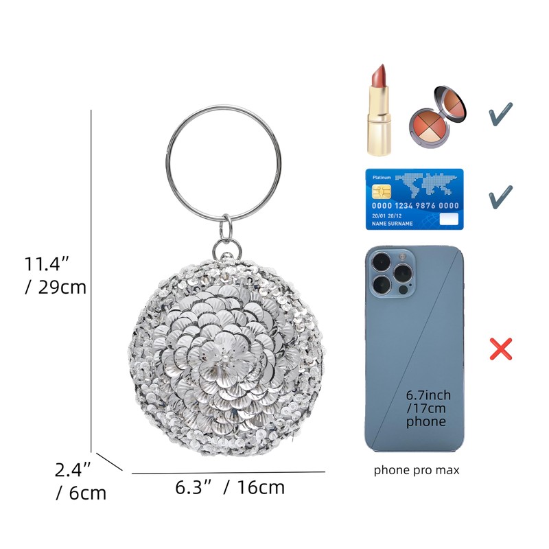 lapulio Flower Sequin Round Evening Bag, Silver, Small