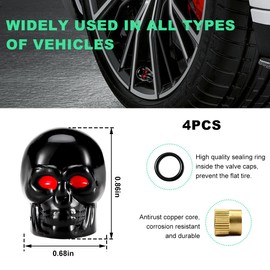 Gasedin 4 PCS Skull Style Tire Valve Stem Cap, Dustproof Skull Tire Stem Cap with Rubber Ring, Red Eye Rustproof Copper Core Vehicle Tire Valve Cover, Universal Car Accessories (Black)