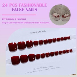 24Pcs Classic Ruby Red Press on Nails Short Square French Tip False Toenails with Glue, Easy DIY Stick on Nails for Women, Fake for Toe Art Decorations