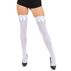 Sugar Sunday Opaque Thigh High Bow Stockings for Women Thigh Highs Stockings with Bows Over Knee Socks - White/Baby Blue OS