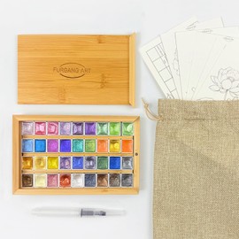 FURGANG ART Professional Metallic Watercolor Paints - 36 Vibrant Colors Shimmering Water Colors Paint Adult Set with Papers and Brush for Artists, Illustrators, and Hobbyists