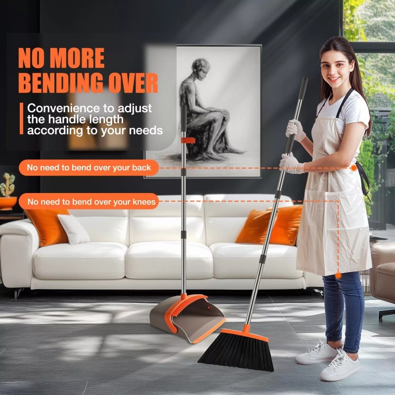 Durable Broom and Dustpan Set with 52" Adjustable Long Handle