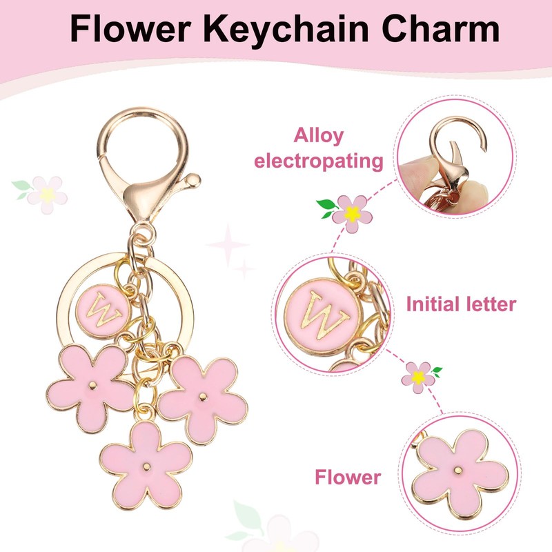 [PATIKIL] Pink Flower Keychain Decoration Cute Enamel Key Chain Initial