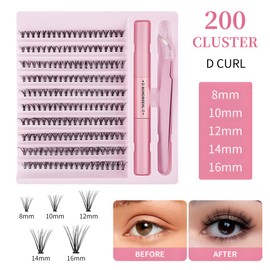 JZS Lash Extensions Cluster DIY Kit - 200pcs 40D 60D Individual Lashes, 8-16mm, with Bond & Seal Glue and Applicator,40P