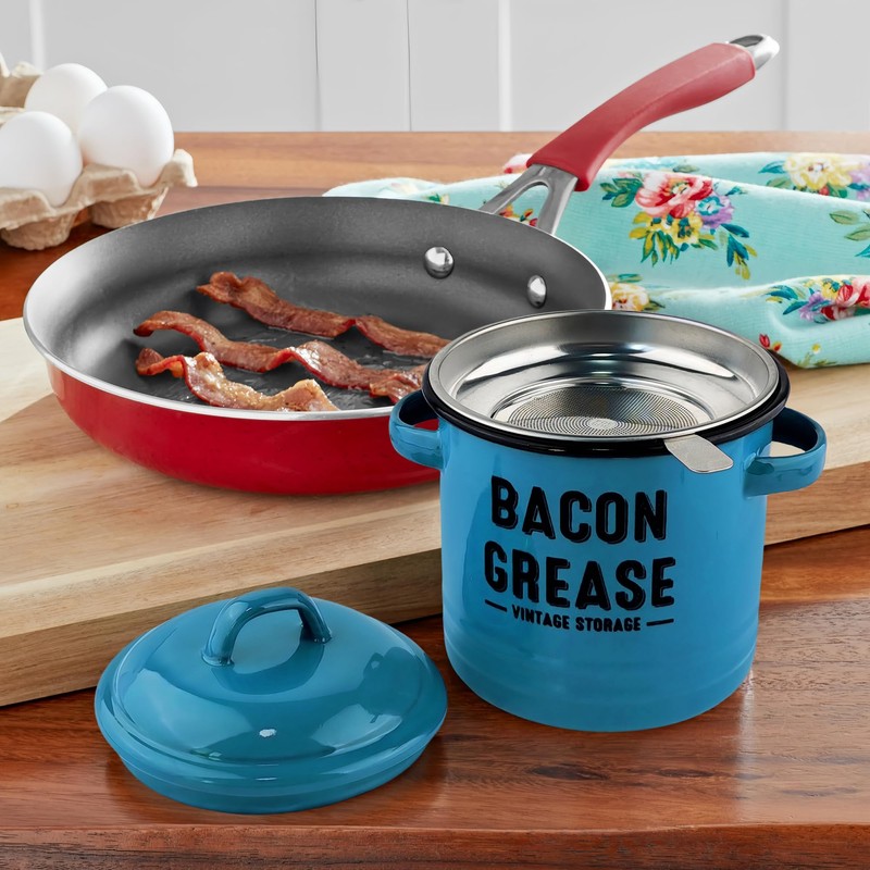 YOKODU 42oz Bacon Grease Container with Strainer,Enamel Ceramic Bacon Fat