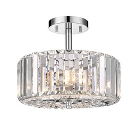 pasentel Crystal Ceiling Light, Modern 2-Light Chrome Flush Mount Light Fixture, Round Drum Flush Mount Chandelier for Hallway Entryway Bedroom Kitchen Island, SF004-2-CH