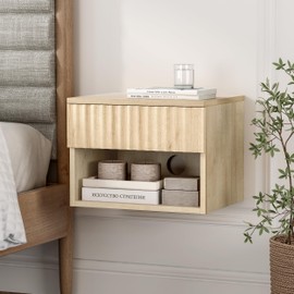 EYYTHUNG Floating Nightstand Set of 2 with Drawer, Fluted Modern Night Stand with Fluted Door and Open Storage Shelf Wall Mounted Bedside Table for Bedroom, Entryway Light Oak