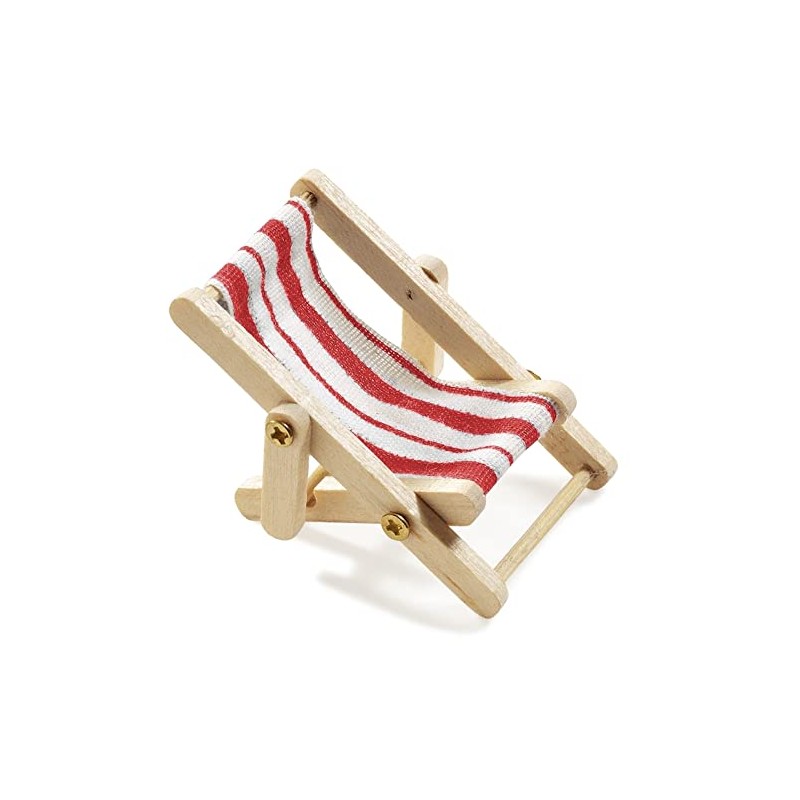 Decorative Wooden Deckchair with Red and White Fabric Seat -