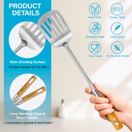 Kitchen Utensils Set for Cooking, 7 Pcs Stainless Steel Cooking Utensils Set with Wooden Handle, Heat Resistant Spatula Set Kitchen Tool Set with Turners, Spoon, Ladle, Skimmer, Pasta Server