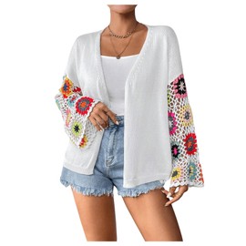 SHENHE Women's Floral Crochet Bell Sleeve Open Front Loose Boho Cardigan Knitwear White Large