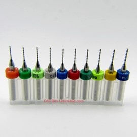 Ten Size Solid Carbide Drill Bit Set .024" to .035" 0.60 to 0.90mm - #73, 72, 71, 70, 69, 68, 67, 66, 65 1/8" Shanks