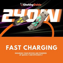 chubbycable GlowCharge Pro - 240W 3-in-1 Car Cable with Dynamic Lights Multi USB C Cable Silicone Fast Charging Cord, 3.94FT, Orange, Type-C to Type-C+USB-A