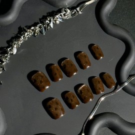 WhyNotNailIt Starry Night Press-On Nails | 10-Pc Set | Deep Brown with Gold Glitter Accents