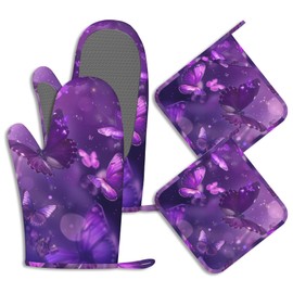 Purple Butterfly Oven Mitts and Pot Holders Sparkling Abstract Silicone Kitchen Accessories Set of 4 Heat Resistant Non-Slip Long Gloves Potholder for Chef Cooking Baking Gifts Women Men