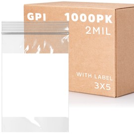 GPI Case of 1000 3" X 5" Clear Plastic Reclosable Zip Bags - Bulk 2 Mil Thick Strong & Durable Poly Baggies with Resealable Zipper Top Lock & Write-on White Block, for Storage, Packaging & Shipping