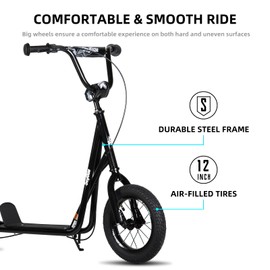 JOYSTAR Kick Scooter for Ages 5-9 Years Old Boys Girls, 12 Inch Big Wheels Scooters for Kids, Teens and Adults, Adjustable Handlebar, Kids Scooter, Black