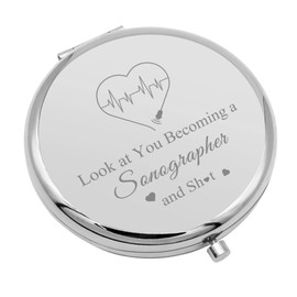 Sonographer Gift Appreciation Gifts for Women Travel Makeup Mirror Inspirational Gifts Sonography Tech Gift Thank You Gift Radiology Student Gift Nurse Gift Compact Makeup Mirror (Silver)