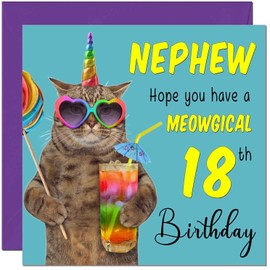 18th Nephew Birthday Card - Meowgical Cat Funny Nephew's Birthday Card for 18 Year old teenage Kids Eighteen, Eighteenth