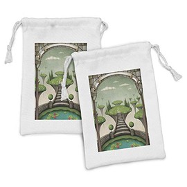 Ambesonne Fantasy Fabric Pouch Set of 2, Landscape View with Hanging Islands and a Pond with Lilies, Small Drawstring Bag for Toiletries Masks and Favors, 9" x 6", Umber Green Turquoise